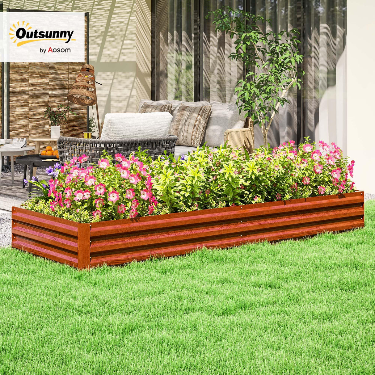 Outsunny Galvanized Raised Garden Bed, 8' x 3' x 1' Metal Planter Box, for Growing Vegetables, Flowers, Herbs, Succulents, Natural Wood Outsunny