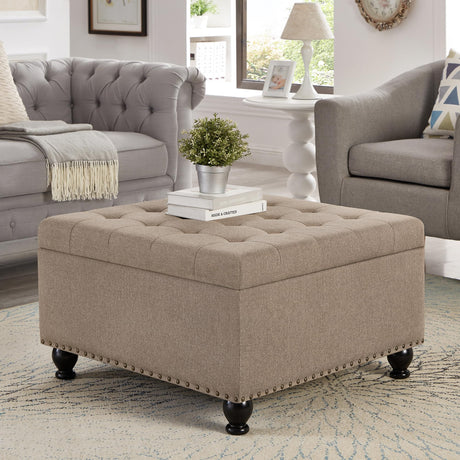 BAOMKONG Upholstered Square Ottoman, 30 Inch Linen Fabric Button Tufted Storage Ottoman with Wooden Legs Coffee Table with Nail Trims 4 in 1 Storage Chest Footrest Padded Seat End Table, Khaki BAOMKONG