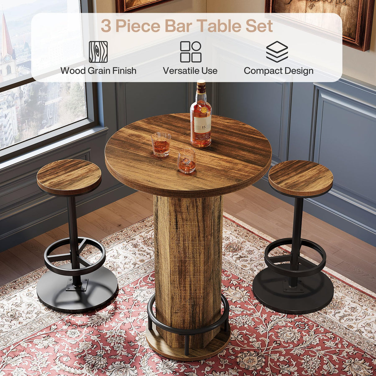 Tribesigns Round Bar Table with Chairs, Industrial Bistro Sets with 2 barstools, Pub Cocktail Table with Metal Ring Footrest for Kitchen Nook, Apartment, Small Space Tribesigns