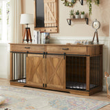 72.5" Double Dog Crate Furniture for 2 Medium Dogs, Heavy Duty Wood Dual Dog Kennel TV Stand with Sliding Doors and Storage Drawers, Rustic Oak KACVON