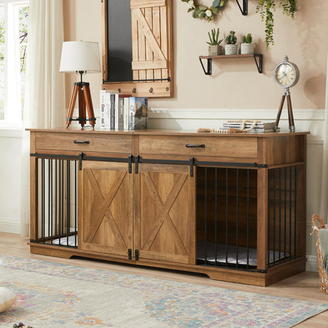 72.5" Double Dog Crate Furniture for 2 Medium Dogs, Heavy Duty Wood Dual Dog Kennel TV Stand with Sliding Doors and Storage Drawers, Rustic Oak KACVON