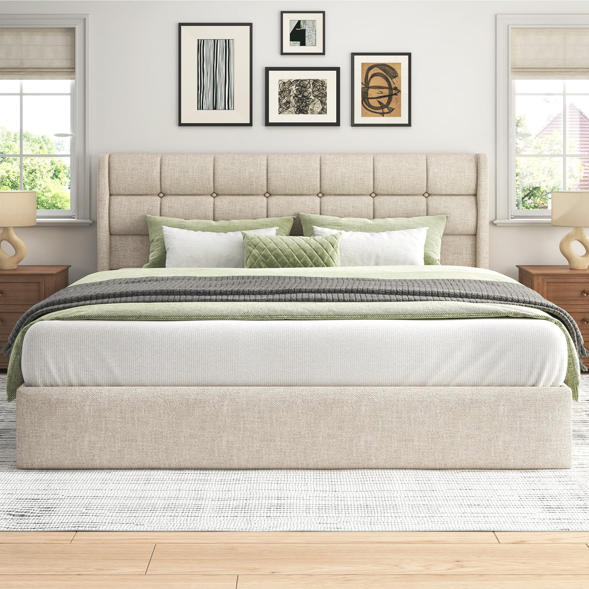 Lifezone King Size Storage Bed Frame with Hydraulic Lift & Wingback Headboard, Linen Upholstered, Space Saving Platform, No Box Spring Needed, Noise Free, Strong Support, Modern Furniture, Beige Lifezone