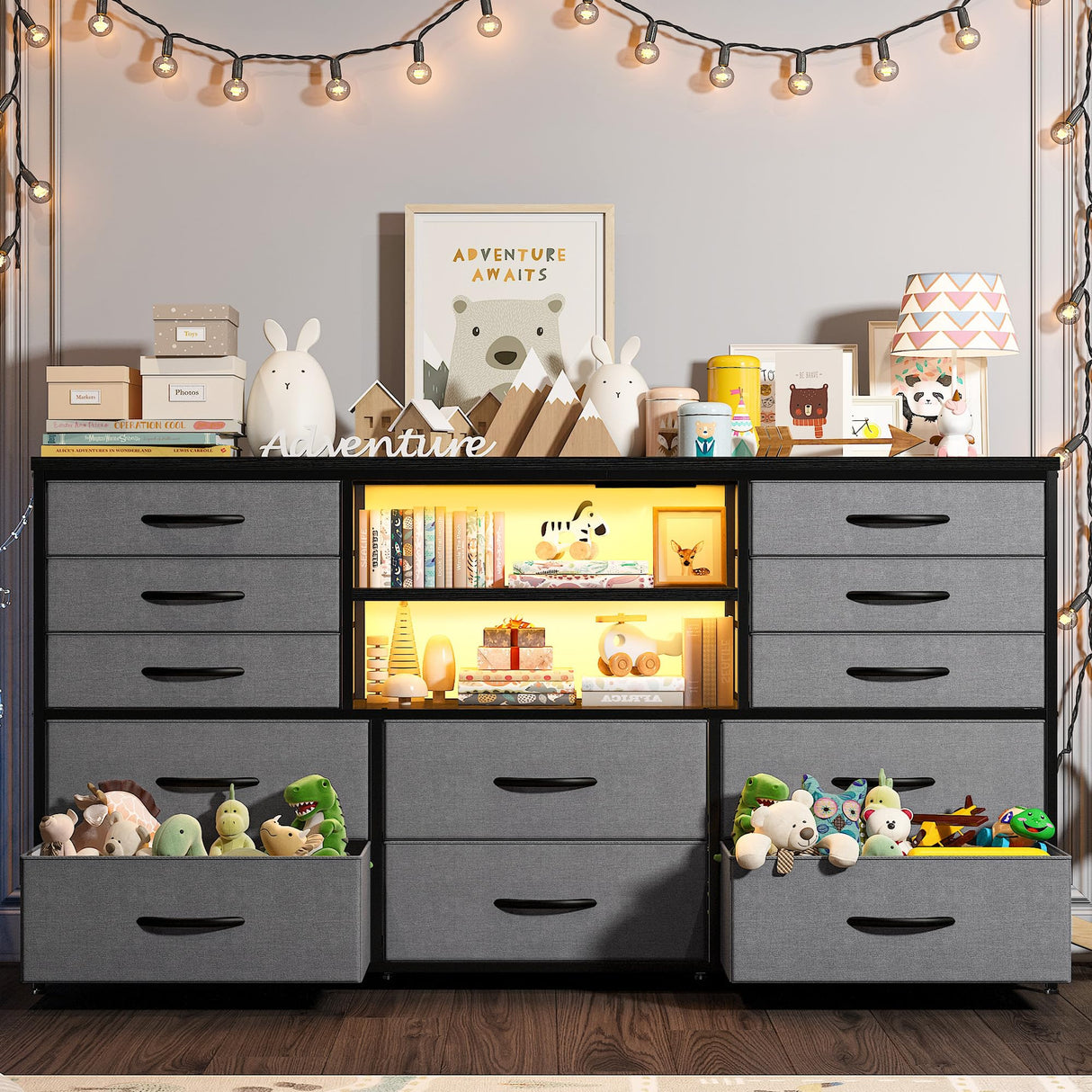 EnHomee Long Dresser for Bedroom with 12 Fabric Drawers,Bedroom Dresser with LED Lights & Power Outlet, Wooden Top & Metal Frame,for Nursery, Living Room, Closet, Grey, 49.2''W*11.8''D*35.4''H EnHomee
