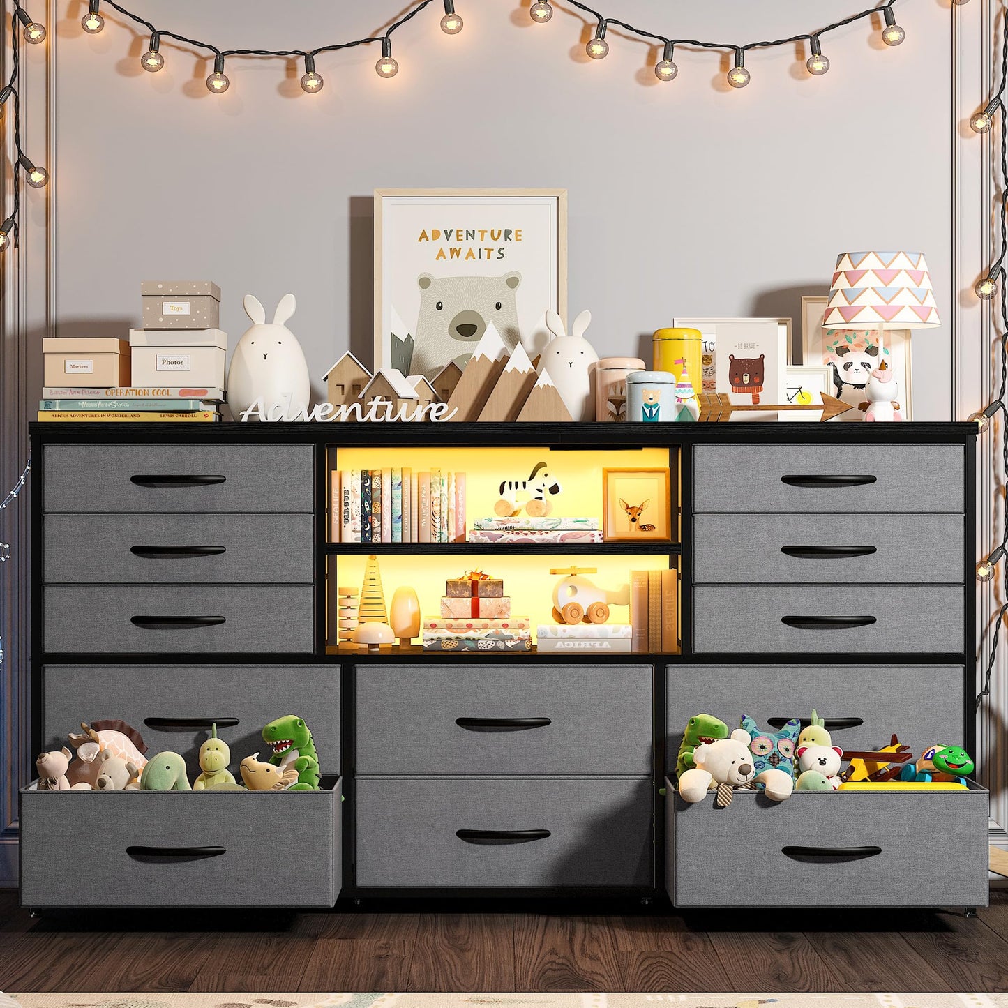 EnHomee Long Dresser for Bedroom with 12 Fabric Drawers,Bedroom Dresser with LED Lights & Power Outlet, Wooden Top & Metal Frame,for Nursery, Living Room, Closet, Grey, 49.2''W*11.8''D*35.4''H