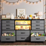 EnHomee Long Dresser for Bedroom with 12 Fabric Drawers,Bedroom Dresser with LED Lights & Power Outlet, Wooden Top & Metal Frame,for Nursery, Living Room, Closet, Grey, 49.2''W*11.8''D*35.4''H EnHomee