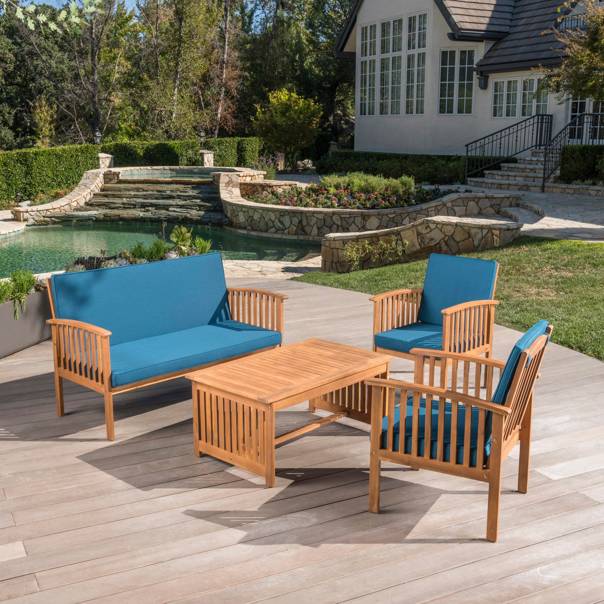 Christopher Knight Home Carolina Outdoor 4 Piece Patina Acacia Wood Sofa Conversation Patio Furniture Sets with Cushions, 27.50" D x 24.00" W x 33.25" H, Dark Teal/Brown - WoodArtSupply