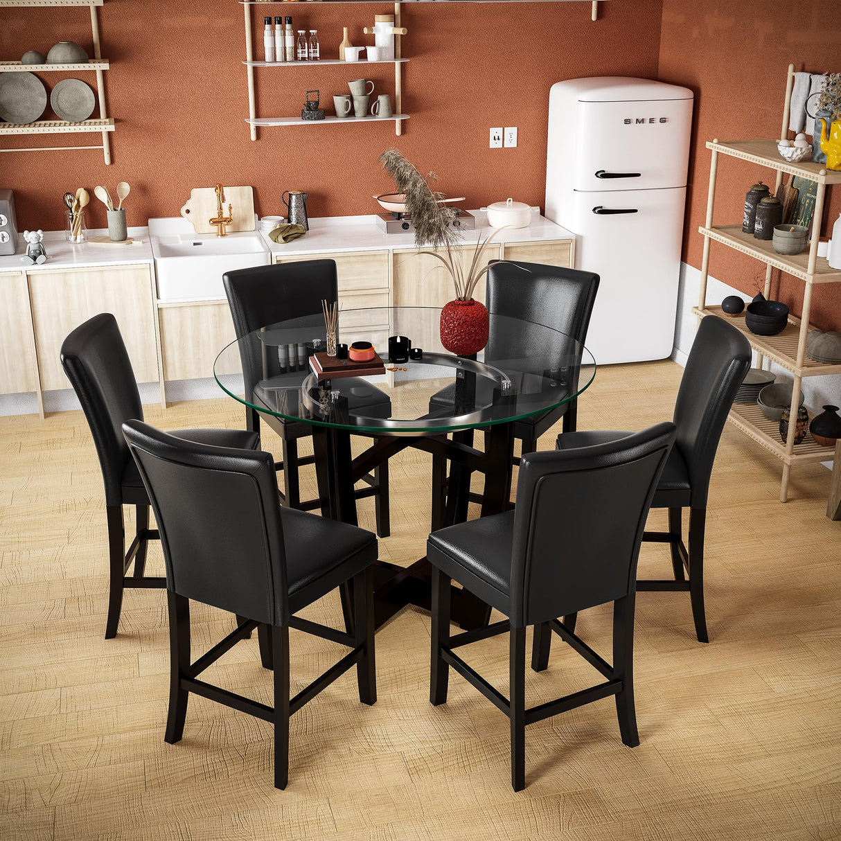 PADMA HOUSE Round Glass Pub Dining Set for 4, 45in Round Wood Modern Glass Counter Height Bar Table with 4 PU Leather Pub Stools 5 Piece Bistro Dining Table Chairs Set, Clear&Black PADMA HOUSE