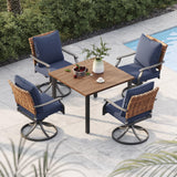 Grand patio 5-Piece Outdoor Dining Set, 4 Leather-Look Wicker Swivel Blue Patio Chairs & 1 Square Woodgrain Dining Table, Brown Grand patio