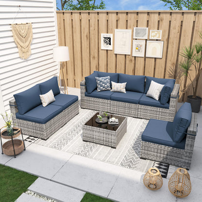 UDPATIO Patio Furniture Sets, Modular Rattan Outdoor Patio Sectional Furniture Sofa Set, Wicker Patio Conversation Set for Backyard, Deck w/Coffee Table, 7PC Grey/Blue (Include Sofa Cover)