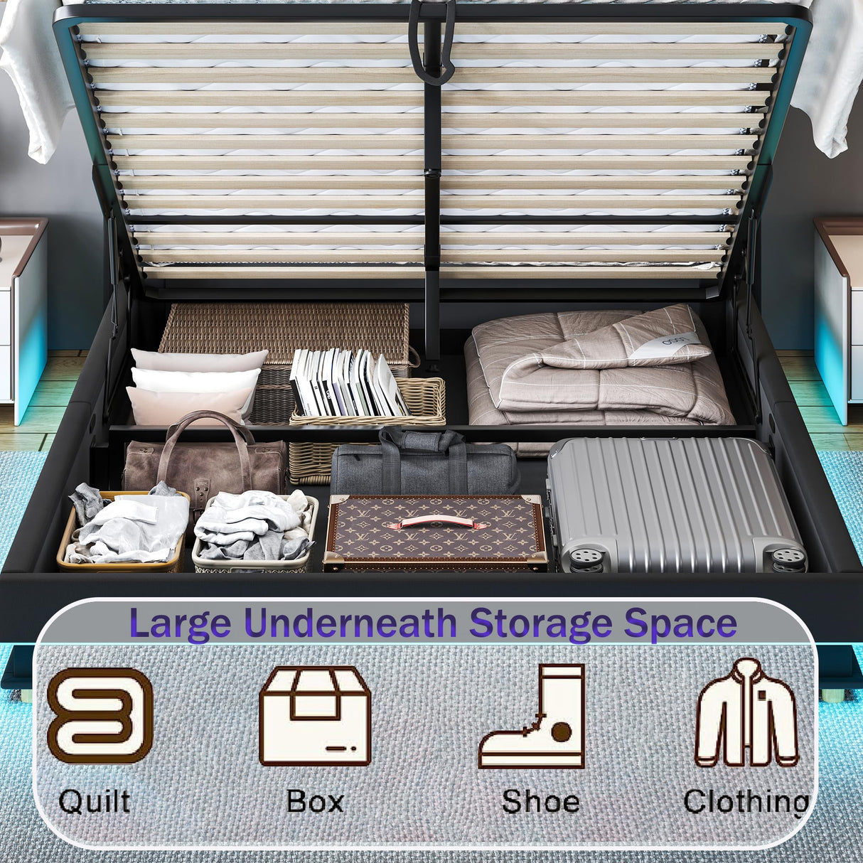 Ailisite Queen Lift-Up Storage Bed with Tufted Wingback Headboard and USB Charging Station, Black Upholstered Design Ailisite