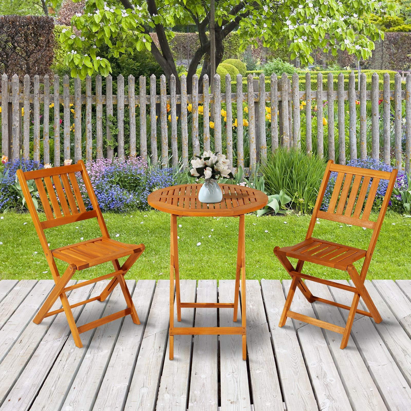 Outsunny 3-Piece Acacia Wood Bistro Set, Folding Patio Furniture with 2 Folding Chairs and Round Coffee Table, Teak, Slatted Finish, for Backyard, Balcony, Deck, Natural - WoodArtSupply