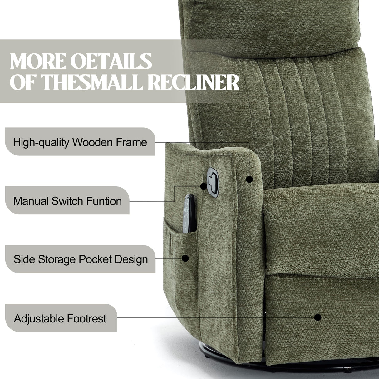 PELUMY Recliner Chair Swivel Rocking with Heat Massage - 360° Manual Recliner, 8-Point Vibrating & Lumbar Heat, Easy Assembly Chair for Living Room (Chenille, Green) PELUMY