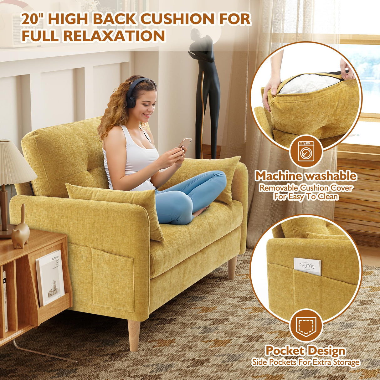 Urhanherry 47" Small Sofa Couch for Bedroom, Soft Chenille loveseat Mini Couch with Throw Pillow and Removable Cushion Cover for Small Spaces, Living Room, Apartment, Dorm, Office(Yellow) Urhanherry