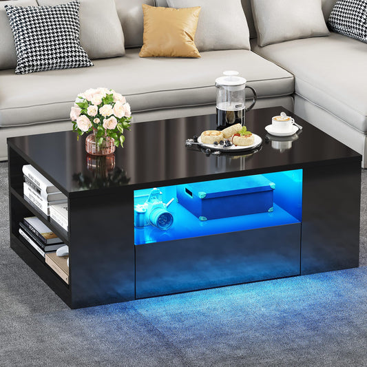 YITAHOME Modern Coffee Tables for Living Room, High Glossy LED Coffee Table, Storage Coffee Table, Small Coffee Table, Wood Center Table with 2 Sliding Drawers and Open Side Shelf, Black