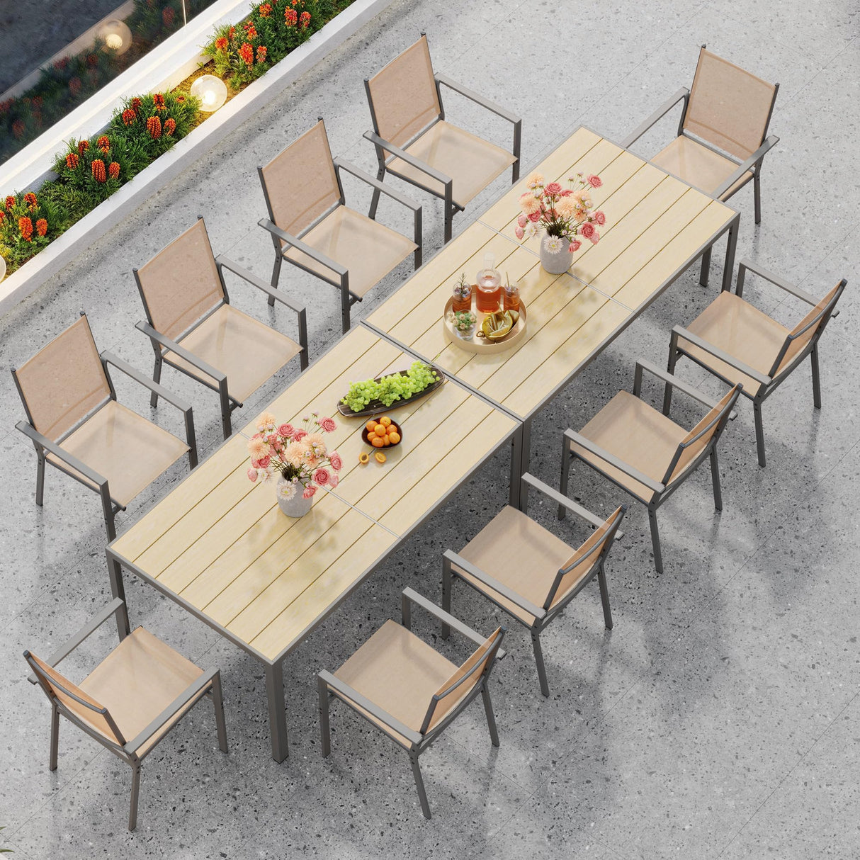 Ahomly Patio Table and Chairs Set for 6, Outdoor Dining Set Includes 59.5" Rectangle Patio Table with Side Umbrella Hole and 6 Textilene Fabric Patio Chairs for Backyard, Courtyard, Poolside, Brown Ahomly