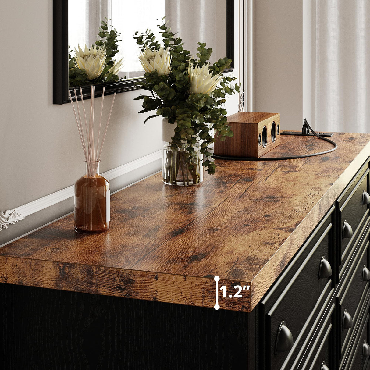 LIKIMIO 59" 6 Drawers Dresser for Bedroom, Power Strip, Farmhouse Large Wood Dressers & Chest of Drawers with Wide Storage Cabinet, Rustic Brown & Black LIKIMIO