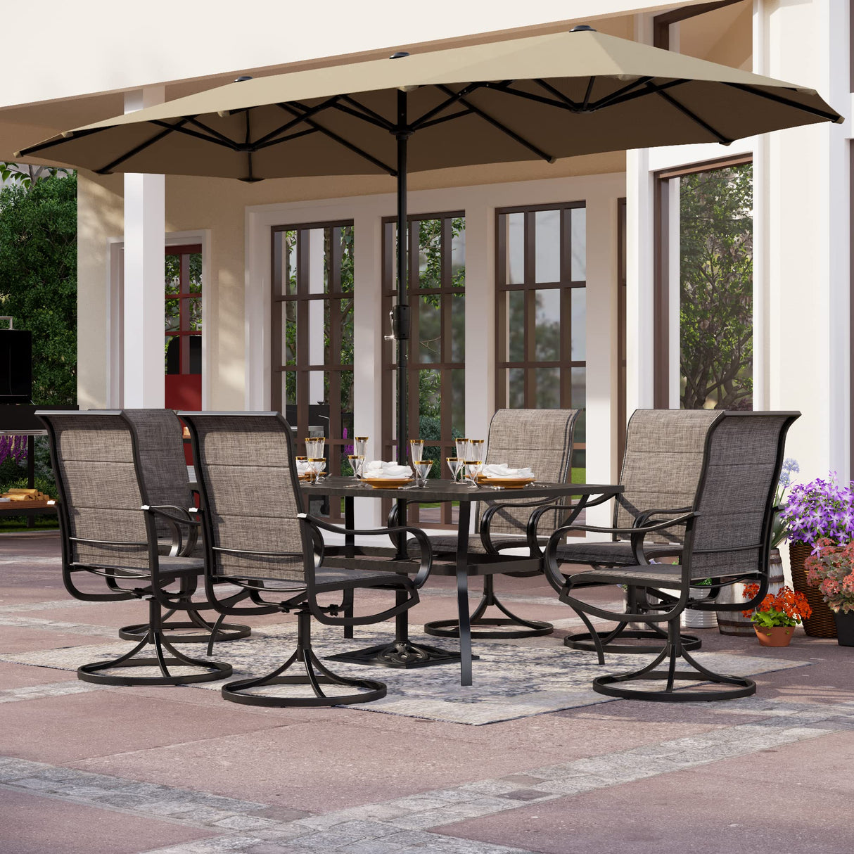 PHI VILLA Swivel Chair Patio Dining Set with 13ft Outdoor Beige Umbrella, 6 Padded Textilene Armrest Dining Chair and 1 Large Metal Table, Outdoor Table Chair Dining Set for Patio Lawn Garden PHI VILLA