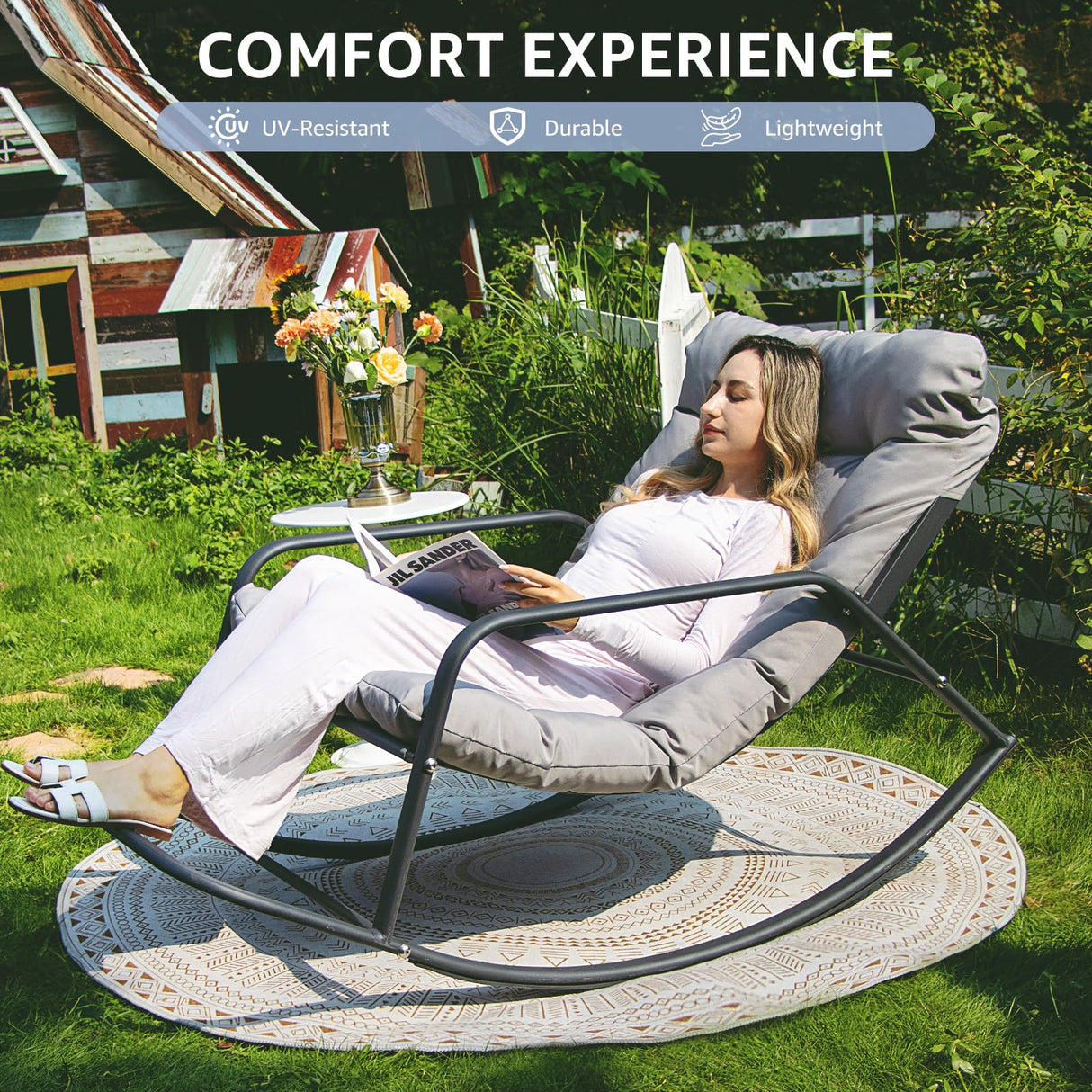 BULEXYARD Grey Oversized Indoor Outdoor Lounge Royal Rocking Chair with Armrest Footrest for Napping Relaxing, Heavy Duty Patio Reclining Papasan Rocker Chair with Padded Cushion for Porch, Sunroom BULEXYARD