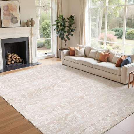 Soalmost 6x9 Area Rugs for Living Room, Stain Resistant Neutral Washable Rugs for Dining Room, Floral Vintage Non-Slip Thin Area Rug Farmhouse Rug Beige Soalmost