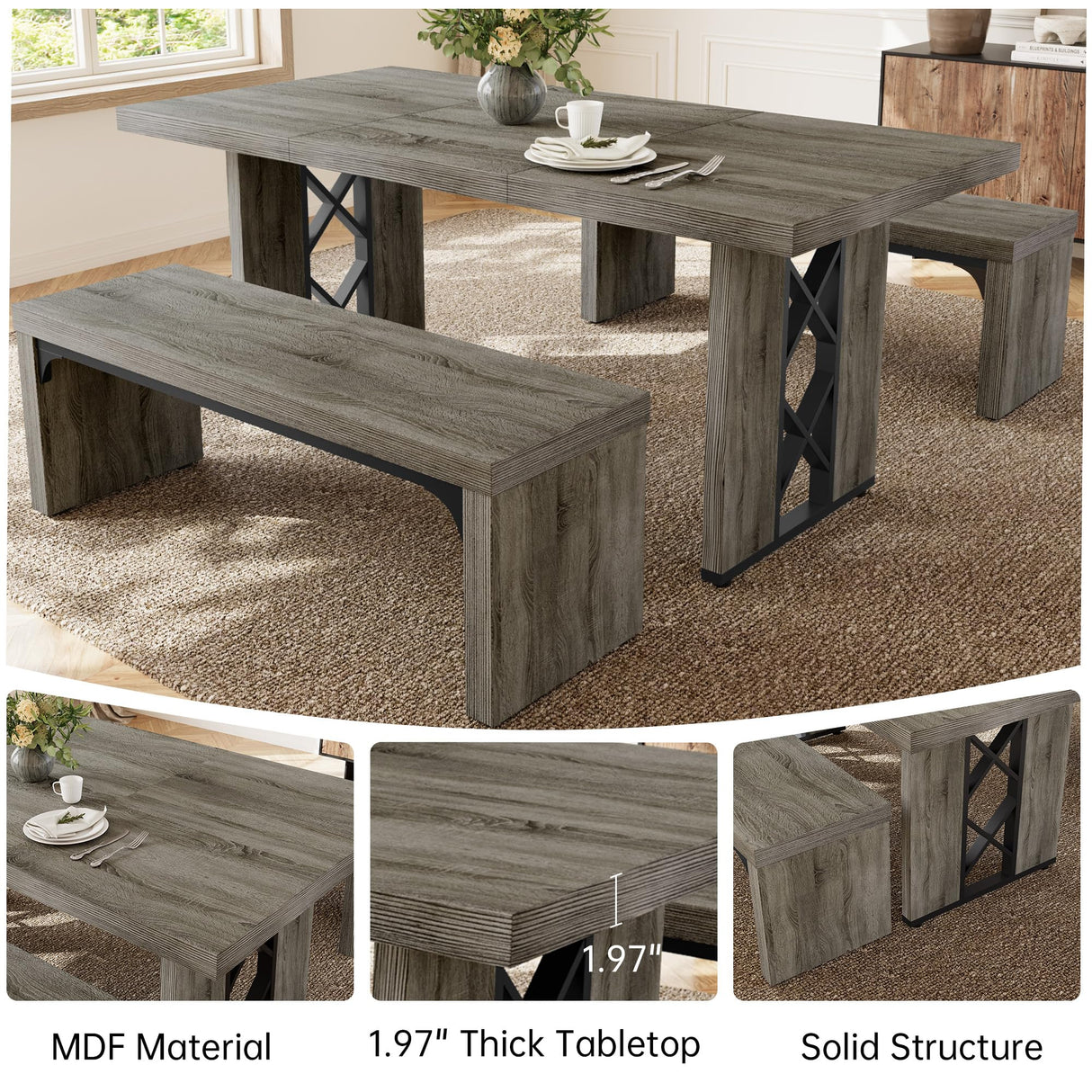 HIPIHOM 3-Piece Dining Table Set for 6-8 People, 70.8'' Rectangle Kitchen Table with 2 Benches for Breakfast Nook, Dining Room Furniture(Grey Table+Bench) HIPIHOM