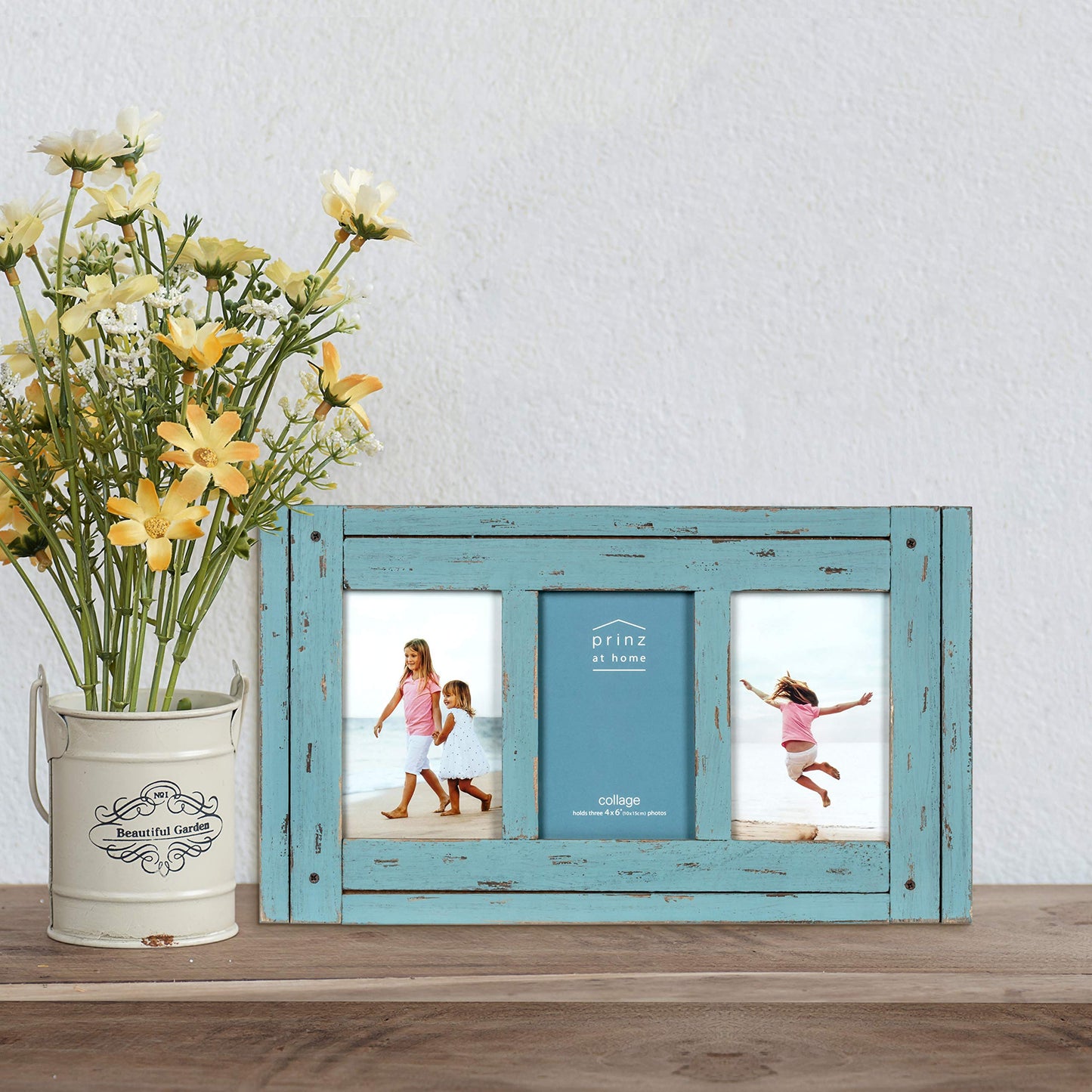 Prinz Homestead Blue Three-Picture Frame, 4 x 6 Distressed Wood Collage Frame, Wooden Rustic Decor, Two-Way Easel, Can Be Wall-Mounted, 15.5 x 0.75 x 9.1 Inches - WoodArtSupply