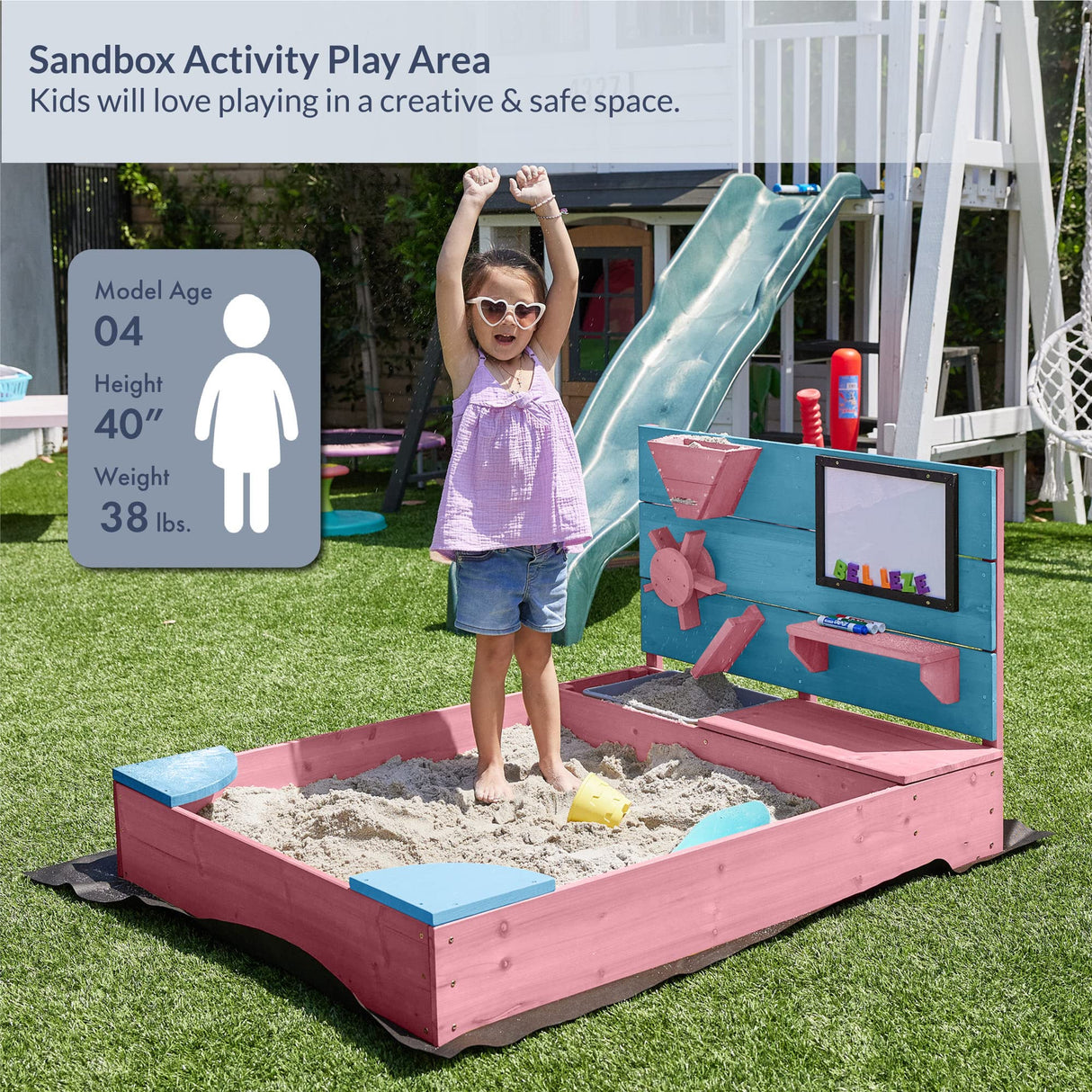 BELLEZE Wooden Sandbox, 49x39in Kids Sand Pit for Backyard, Outdoor Sandbox with Cover and Bottom Liner, Built-in Corner Seating, Bench Storage, Sand Toy Wall and Magnetic White Board (Pink) BELLEZE