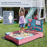 BELLEZE Wooden Sandbox, 49x39in Kids Sand Pit for Backyard, Outdoor Sandbox with Cover and Bottom Liner, Built-in Corner Seating, Bench Storage, Sand Toy Wall and Magnetic White Board (Pink) BELLEZE