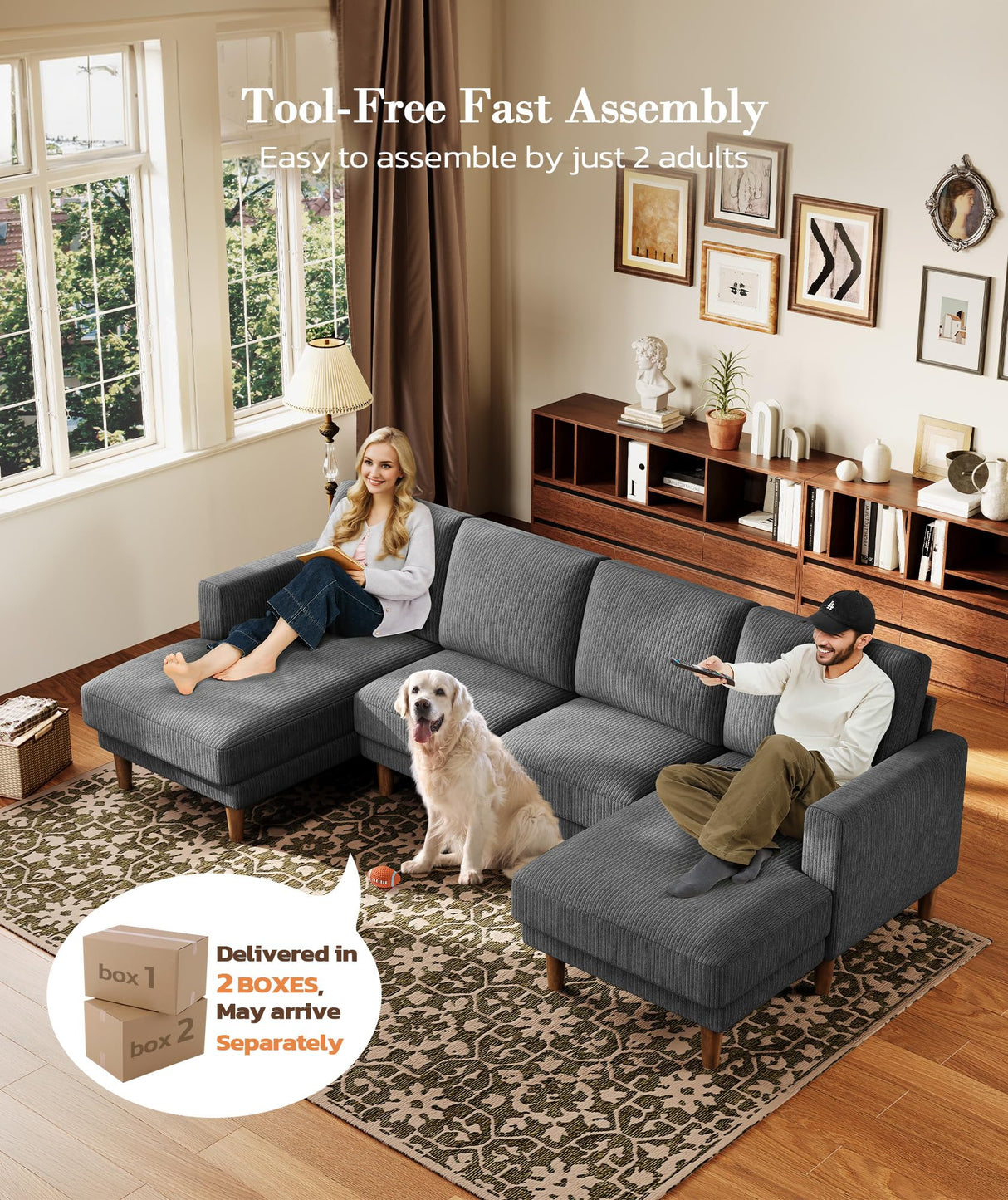 Kidirect Grey U Shaped Couch with Chaises, 106" Corduroy Sectional Couches for Living Room No Tool Assembly, 4 Seats Loveseat Sofa Comfy Sectional Sofas for Living Room Apartment Home 900lb Load Kidirect