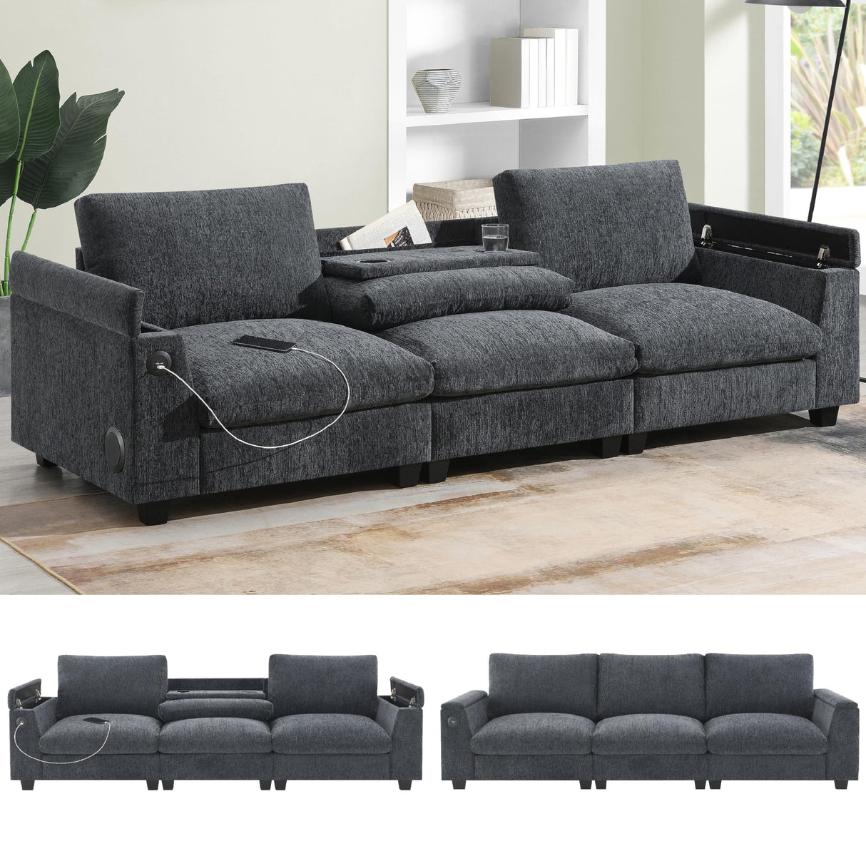 Merax 96" Chenille Sofa Recliner with Cup Holders, USB Charger & Bluetooth Speaker, 3 Seat Convertible to Loveseat Cloud Couches, Theater Double Seating W/Drop Down Table & Storage Armrest, Black Merax