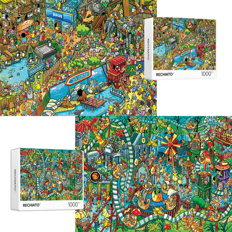 Jigsaw Puzzles for Adults, 2 Pack 1000 Pieces Ocean Park Dinosaur Park Puzzle, Cartoon Painting Challenging Puzzles for Family Activity Game Nights Gifts Fidget Stress Relief RECHIATO