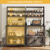 DWVO Black Bakers Rack with Power Outlet and Storage Door Cabinet 5-Tiers Kitchen Tall Microwave Stand Farmhouse Small Pantry Hutch Freestanding Thickened Counter Coffee Bar with Storage Shelves DWVO