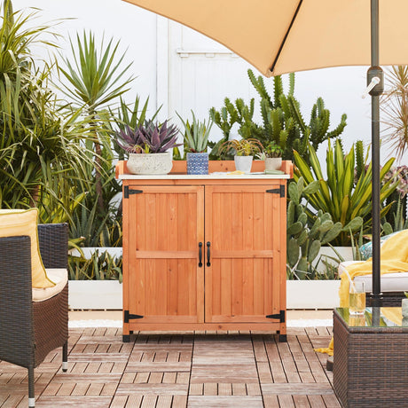 Yaheetech Garden Potting Bench Table - Outdoor Garden Patio Wooden Storage Cabinet & Solid Wood Planting Work Bench with Large Space Storage & Metal-Plated Tabletop, Brown Yaheetech