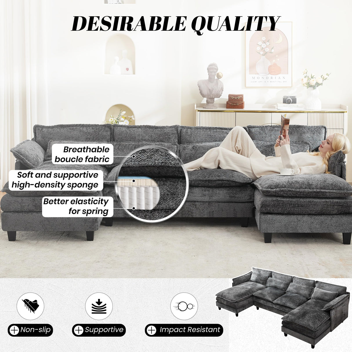 110" U Shape Cloud Couch, Comfy Upholstered Sectional Couches for Living Room, Oversized Modular Sleeper Sectional Sofa with Double Cushions & 4 Lumbar Pillows, Grey jonpony