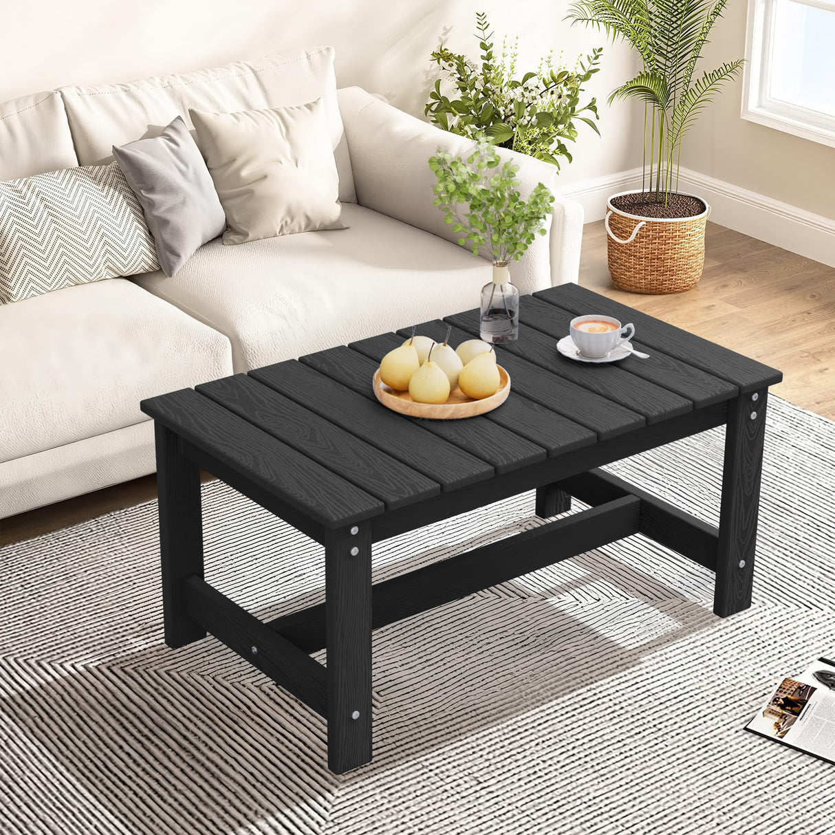 SERWALL Outdoor Coffee Table, HDPE Patio Coffee Table for Outside, Rectangle, Black SERWALL