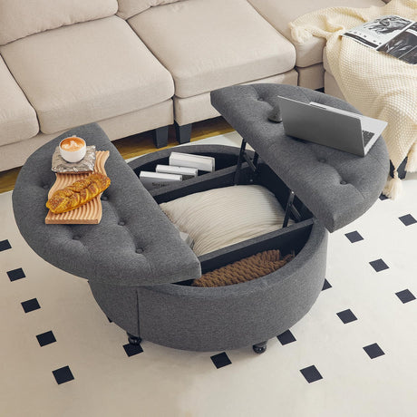Redlife 35" Wide Round Ottoman with Storage, Storage Ottoman Coffee Table, Tufted Round Ottoman Coffee Table Linen Fabric Round Coffee Table Ottoman with Storage (Dark Grey) Redlifeᅟᅠ