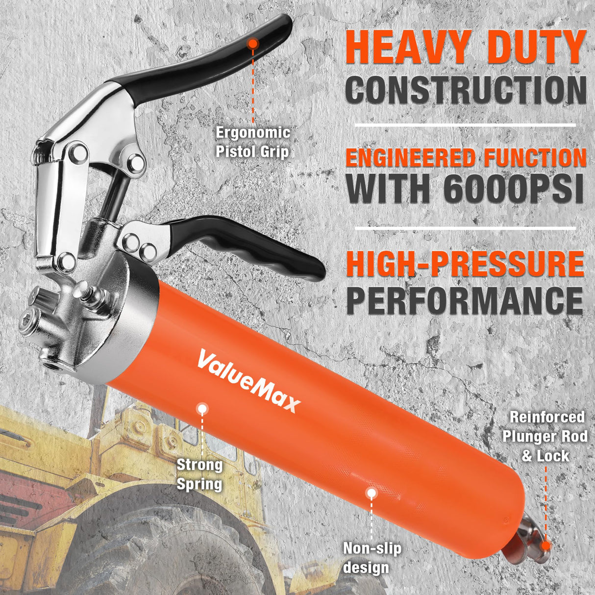 ValueMax Grease Gun, 6000PSI Heavy Duty Grease Gun Kit with 18inch Flexible Hose, 2 Extension Rigid Pipe, 2 Reinforced Couplers and 1 Special Sharp Nozzle, 14oz Load Capacity ValueMax