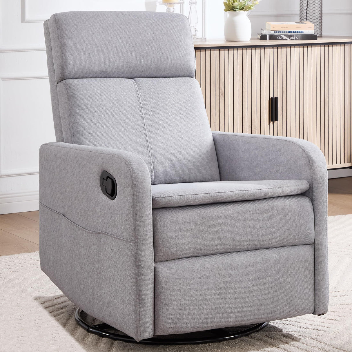 Ketaiyou Swivel Rocking Recliner Chair for Adults, Rocker Nursery Glider Chair for Living Room Bedroom, Upholstered Fabric Reclining Single Sofa Chair(Light Grey) Ketaiyou