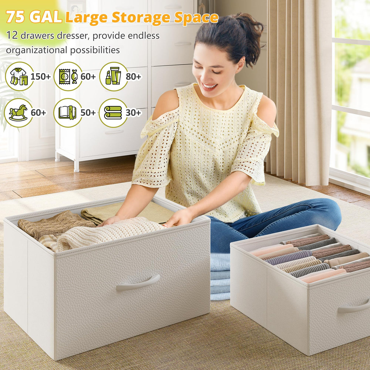 EnHomee Dresser for Bedroom with LED Lights, 12 Drawers Bedroom Dresser, Black Dresser and Tall Dresser with Open Shelves, Fabric Dressers & Chests of Drawers with Sturdy Metal Frame, White EnHomee