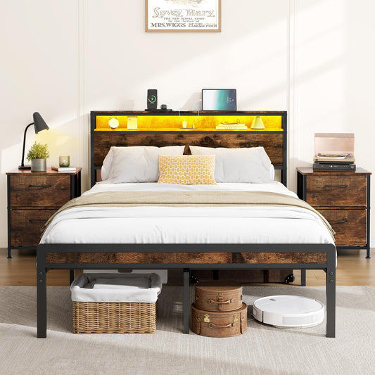 FAVOOSTY Vintage Brown Full Size Bed Frame with LED Light & Charging Station - WoodArtSupply