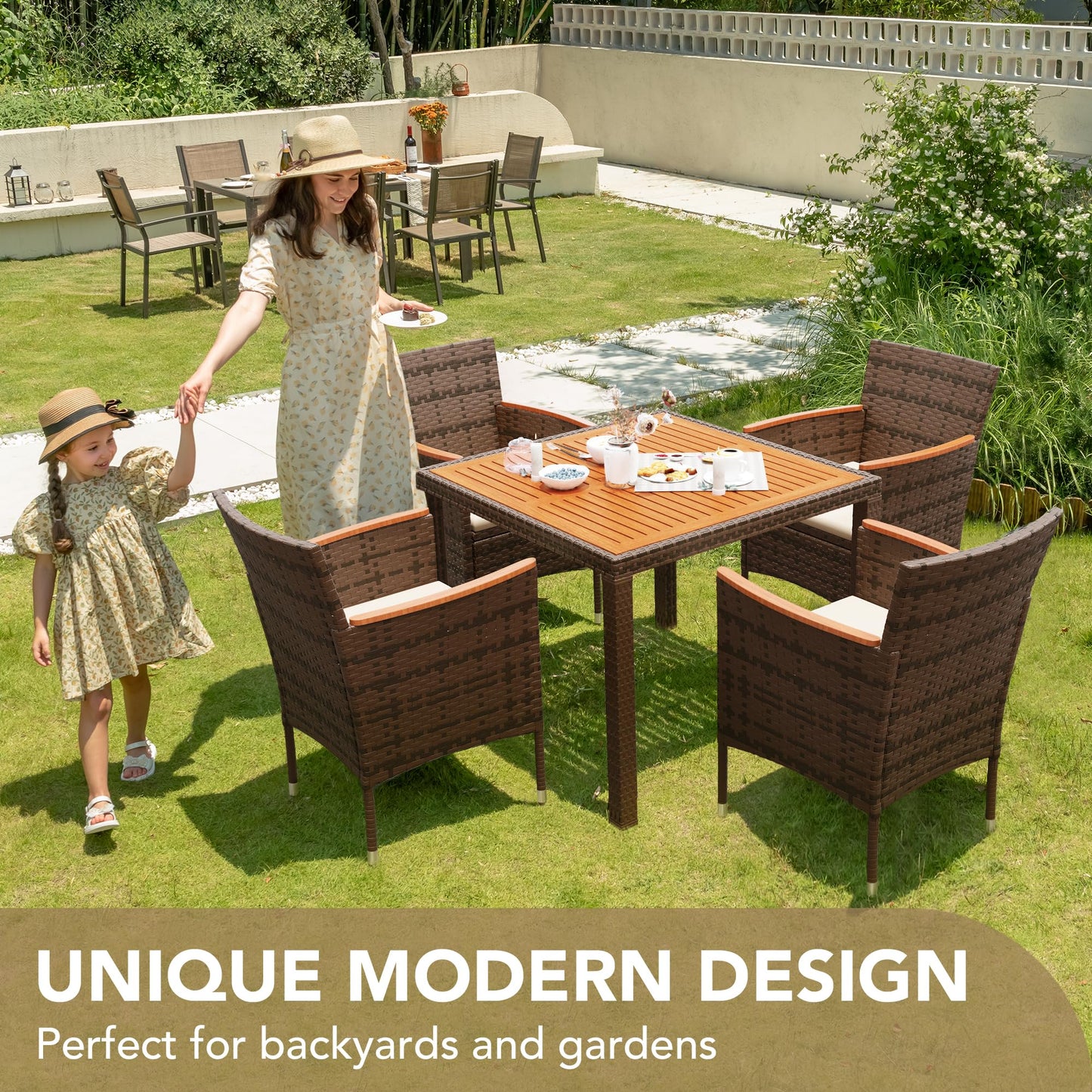 Devoko 5 PCS Furniture, Patio Conversation Set with Acacia Wood Top, Rattan Outdoor Dining Table and Chairs for Backyard, Garden, Deck, Brown