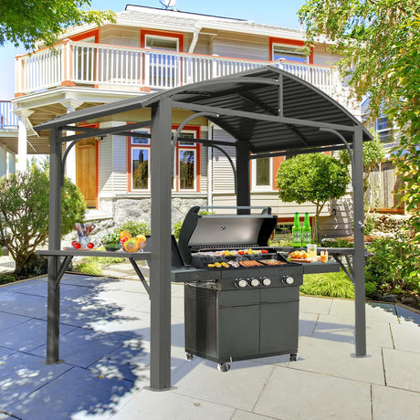 SHPAI 8’ X 5’ Hardtop Grill Gazebo, Hardtop BBQ Gazebo with 2 Side Shelves and Bottle Opener, Outdoor Grill Canopy with Galvanized Steel Double Roof for Patio Lawn Backyard Deck, Grey SHPAI
