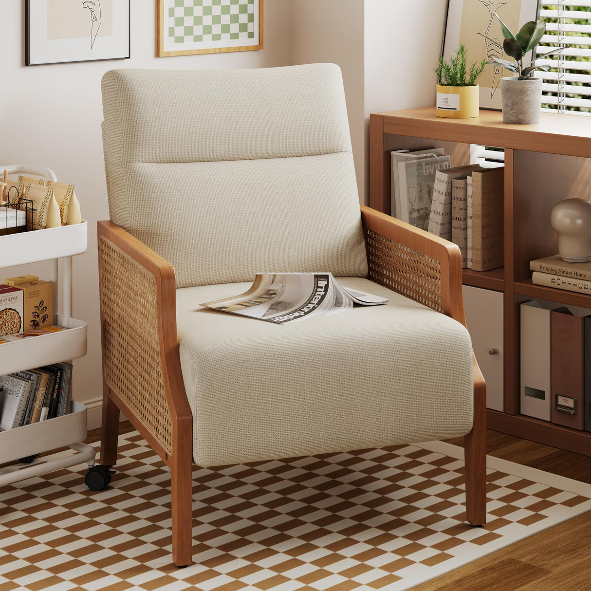 Aklaus Mid Century Accent Chair with Rattan Armrest, Upholstered Living Room Chairs Lounge Fabric Reading Chairs Side Sitting Farmhouse Chair for Living Room, Bedroom, Balcony, Beige Aklaus