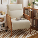 Aklaus Mid Century Accent Chair with Rattan Armrest, Upholstered Living Room Chairs Lounge Fabric Reading Chairs Side Sitting Farmhouse Chair for Living Room, Bedroom, Balcony, Beige Aklaus