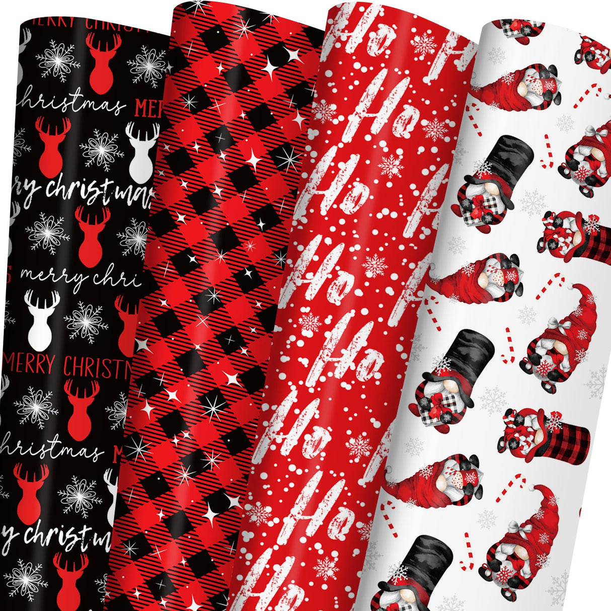 ZINTBIAL Christmas Wrapping Paper for Kids Adults - Xmas Wrapping Paper with Red/Black Plaid, Reindeer, Gnome, “Ho Ho” Words - 28 x 40 Inches, 6 Jumbo Sheets, Easy to Store ZINTBIAL