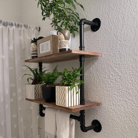 ROGMARS Pine Wood Floating Shelves Wall Shelves 24 inch,Bathroom Pipe Shelves with Towel Rack, Industrial Wall Mounted Shelf for Bathroom Decor for Living Room Bedroom Kitchen Bathroom ROGMARS