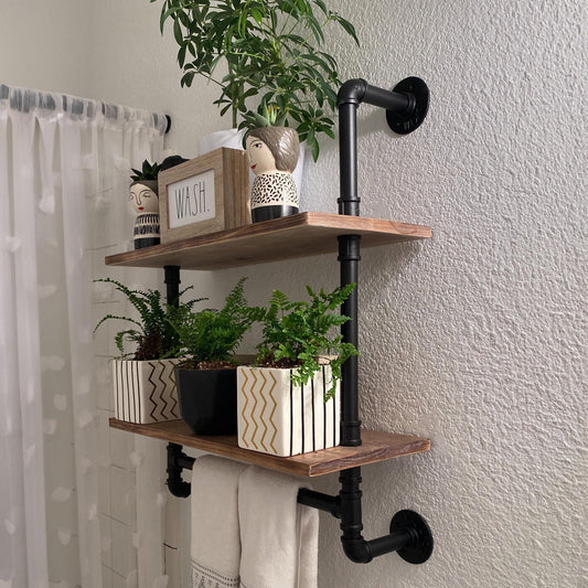 ROGMARS Pine Wood Floating Shelves Wall Shelves 24 inch,Bathroom Pipe Shelves with Towel Rack, Industrial Wall Mounted Shelf for Bathroom Decor for Living Room Bedroom Kitchen Bathroom - WoodArtSupply