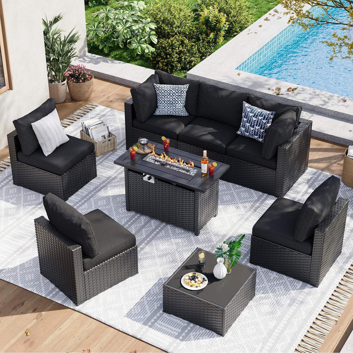 Aoxun 8 Piece Patio Furniture Set with 44” Fire Pit Table Wicker Rattan Patio Sectional Sofa Set Outdoor Seating Furniture with Thickened Cushion, Black Aoxun