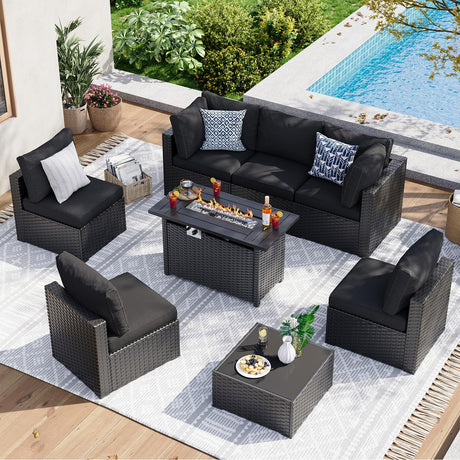 Aoxun 8 Piece Patio Furniture Set with 44” Fire Pit Table Wicker Rattan Patio Sectional Sofa Set Outdoor Seating Furniture with Thickened Cushion, Black Aoxun