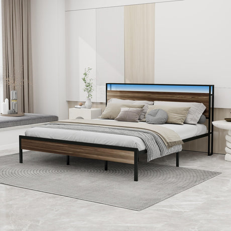 Tuconia Grey King Bed Frame with LED Lights, Storage Headboard & Built-In Charging Station Tuconia