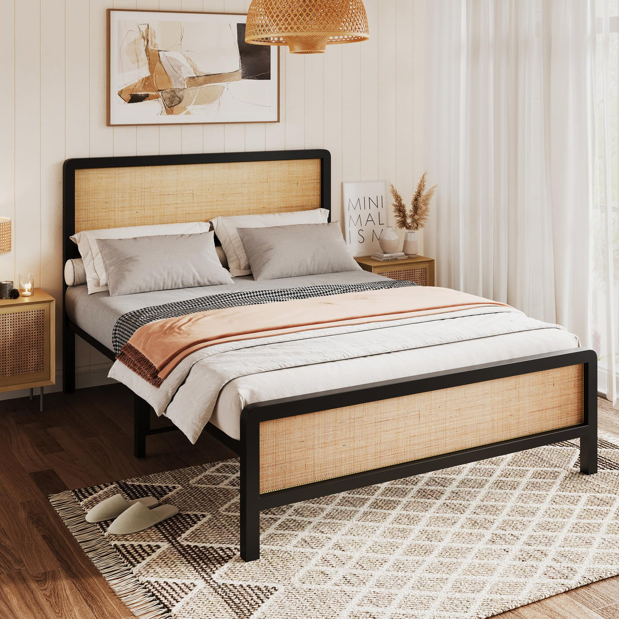 GarveeHome Queen Rattan Platform Bed Frame, Queen Size Bed Frame with Natural Rattan Headboard and Footboard, Metal Bed Frame with Under Bed Storage and Strong Slats Support, No Box Spring Needed GarveeHome